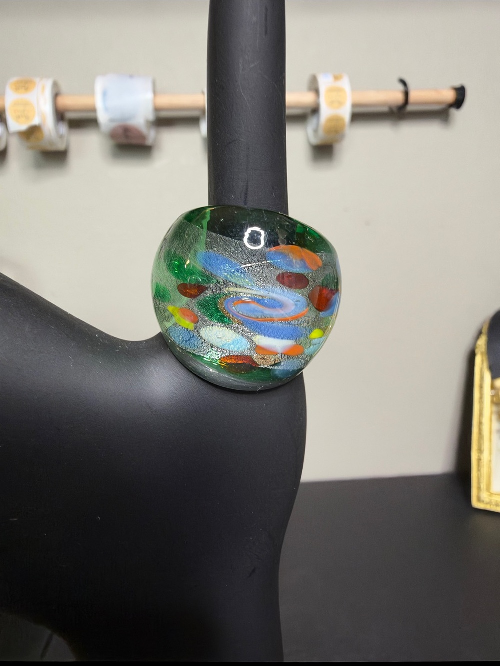 Handmade Green Glass Statement Ring with Multicolor Accents Size 9